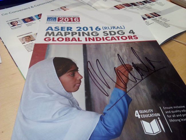Malala signed ASER Pakistan SDG4 tracking card at the UNGA Ecosoc session